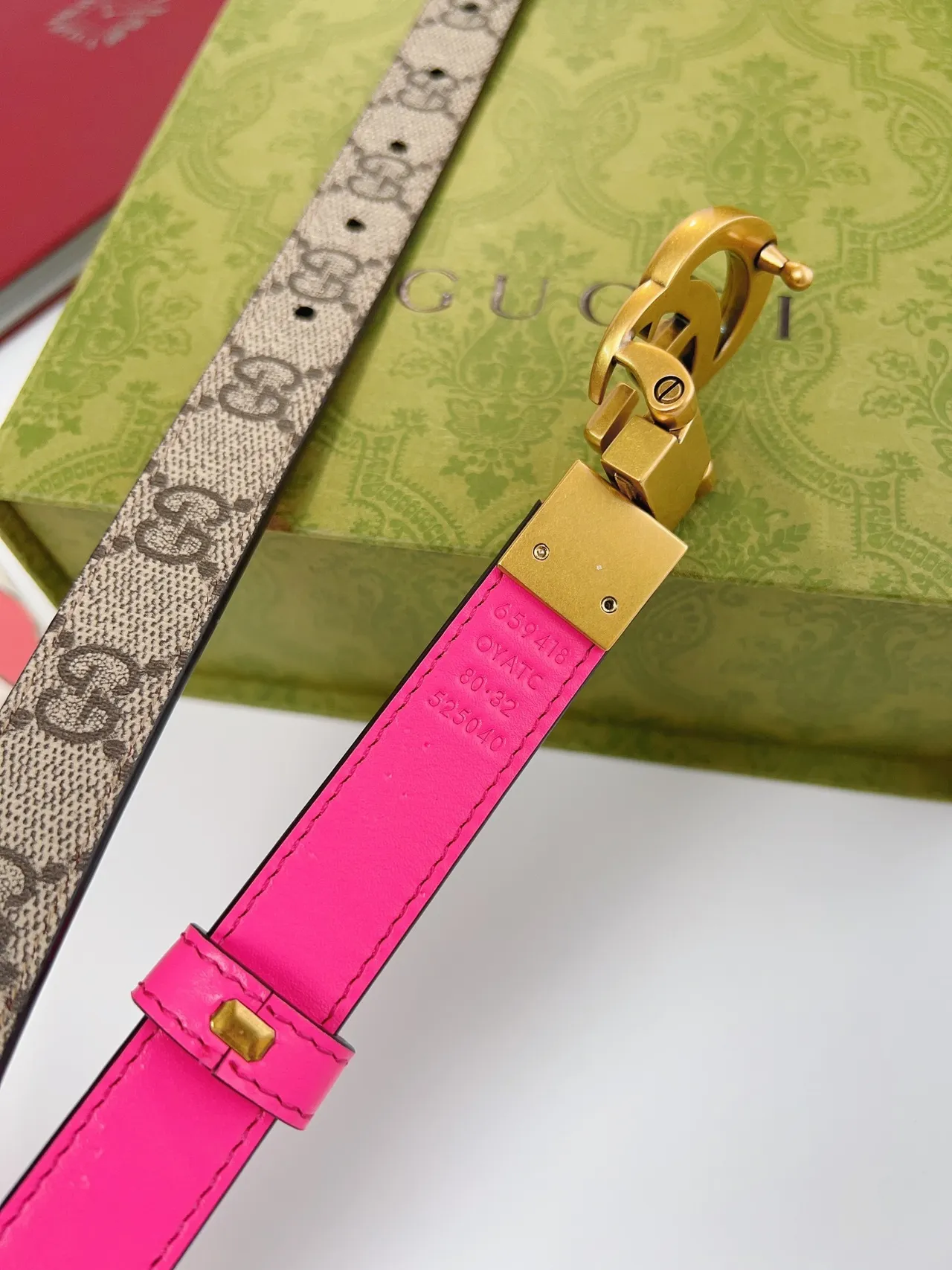 Gucci Horsebit 1955 Pink Beige Double G Buckle GG Supreme Canvas Leather Belt 4