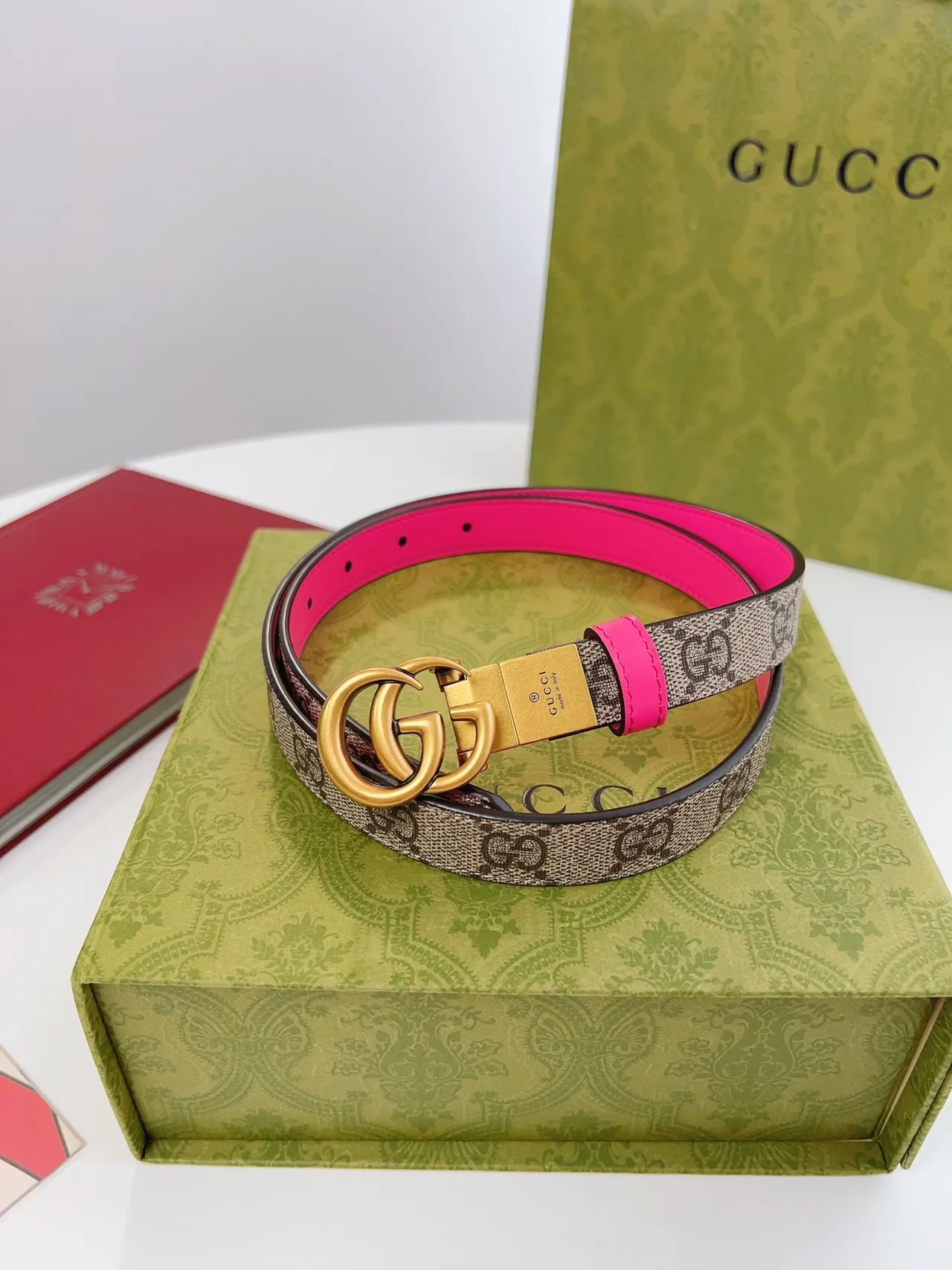 Gucci Horsebit 1955 Pink Beige Double G Buckle GG Supreme Canvas Leather Belt 5