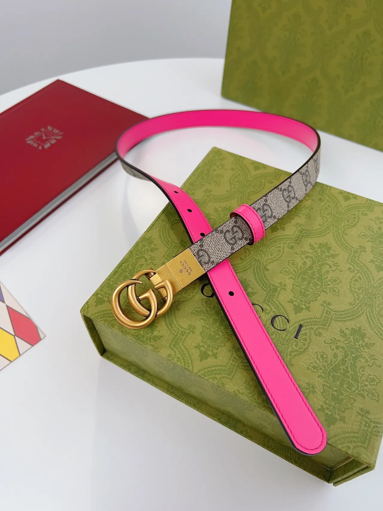 Gucci Horsebit 1955 Pink Beige Double G Buckle GG Supreme Canvas Leather Belt 6