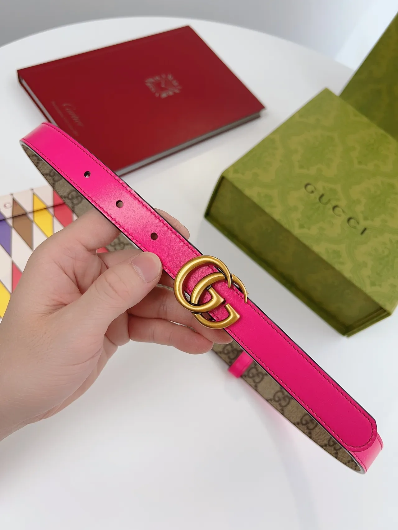 Gucci Horsebit 1955 Pink Beige Double G Buckle GG Supreme Canvas Leather Belt 7