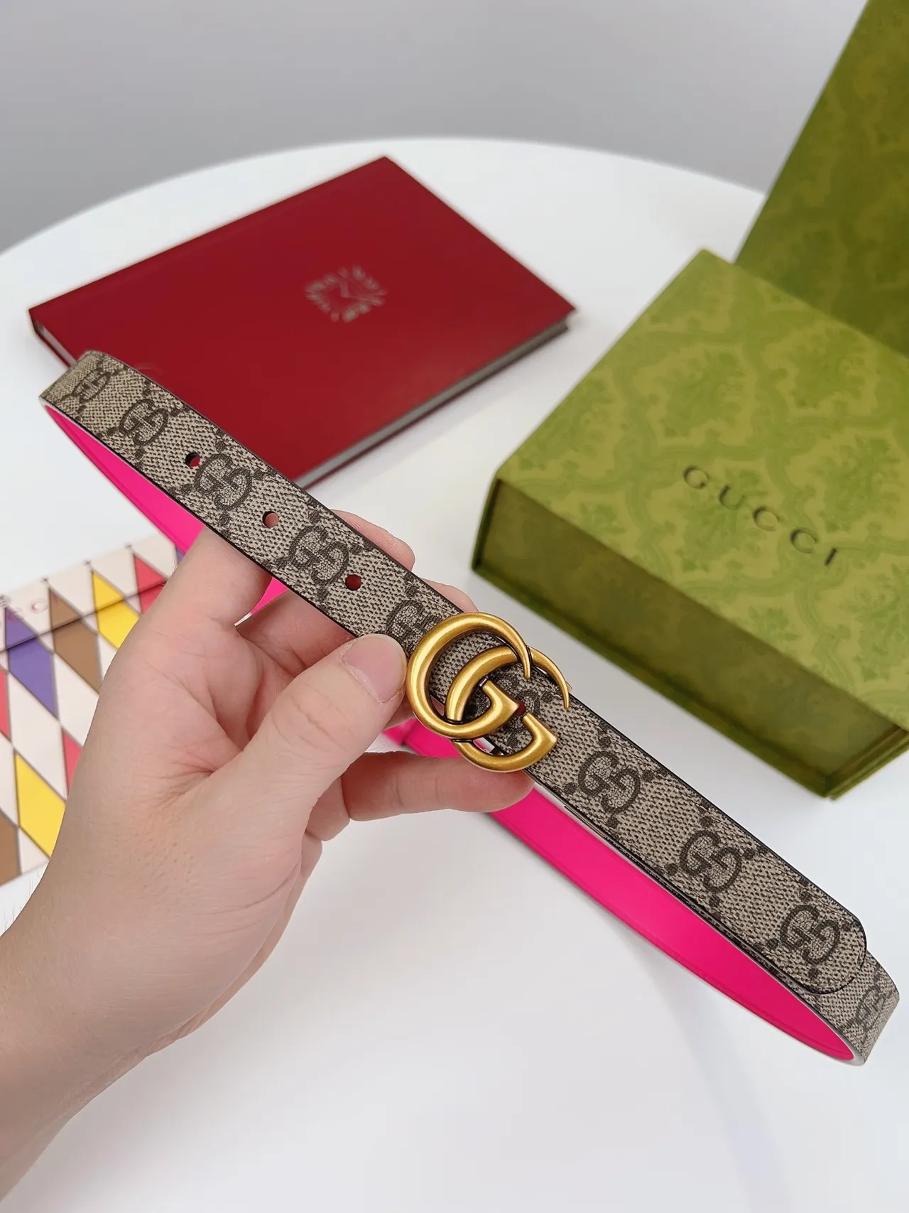 Gucci Horsebit 1955 Pink Beige Double G Buckle GG Supreme Canvas Leather Belt 8