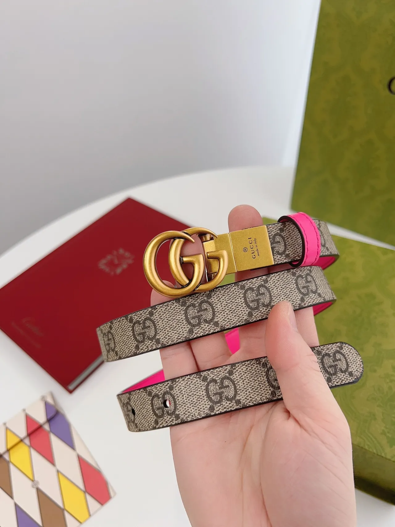 Gucci Horsebit 1955 Pink Beige Double G Buckle GG Supreme Canvas Leather Belt 9