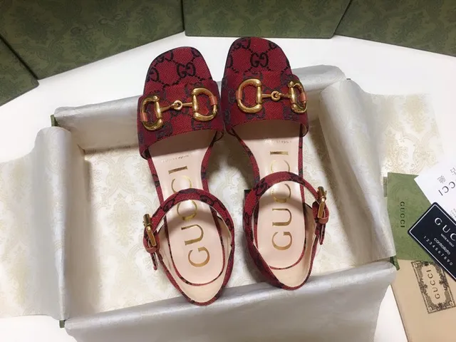 Gucci Horsebit 1955 Red and Navy GG Monogram Gladiator Sandals 7
