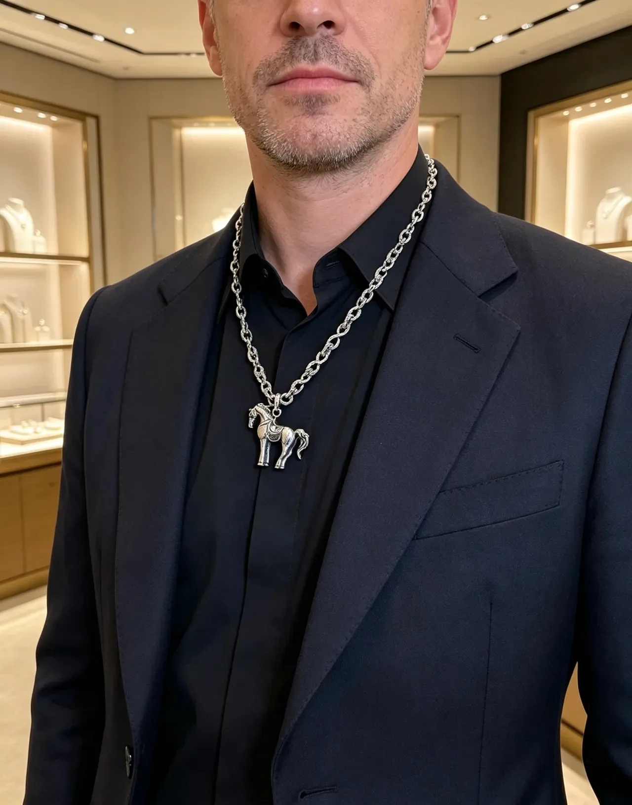 Gucci Horsebit 1955 Silver Beige Twisted-Link Chain Sculpted Horse Pendant Necklace 4