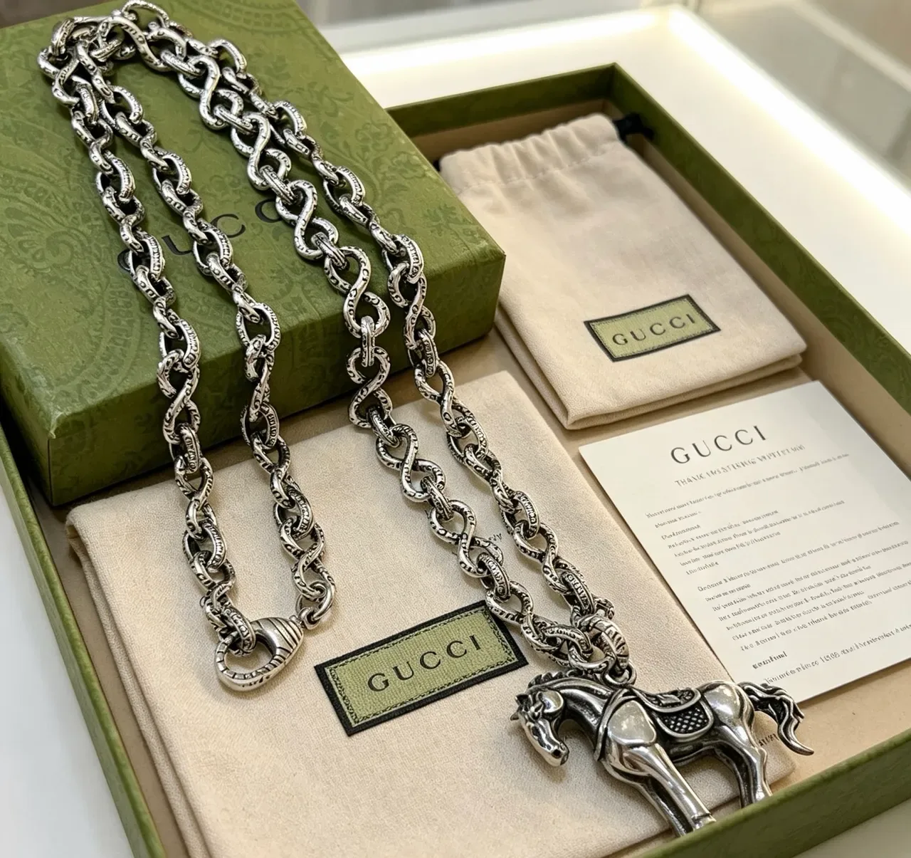 Gucci Horsebit 1955 Silver Beige Twisted-Link Chain Sculpted Horse Pendant Necklace 5