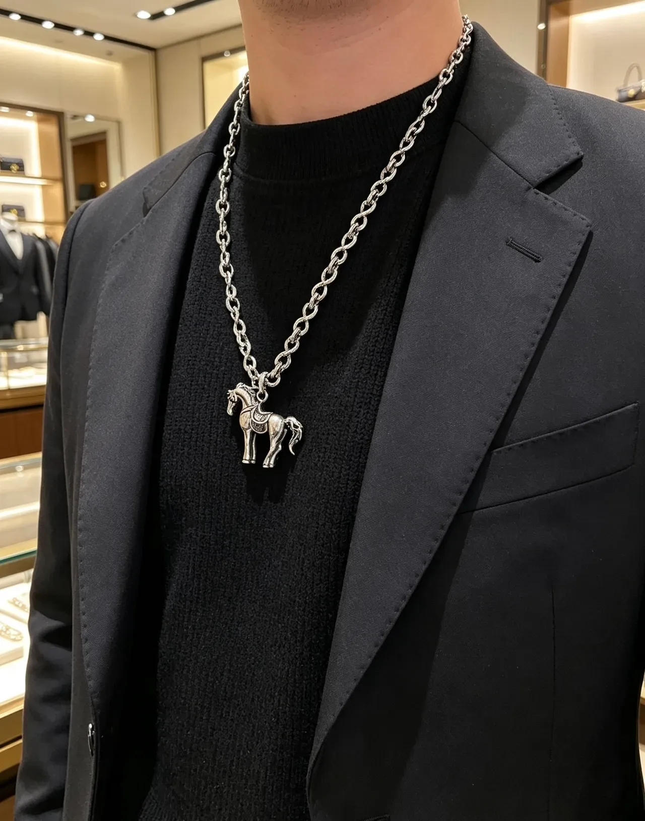 Gucci Horsebit 1955 Silver Beige Twisted-Link Chain Sculpted Horse Pendant Necklace 8