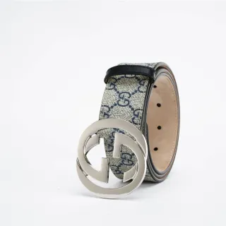 Gucci Interlocking G Belt Beige Navy GG Monogram Leather Belt