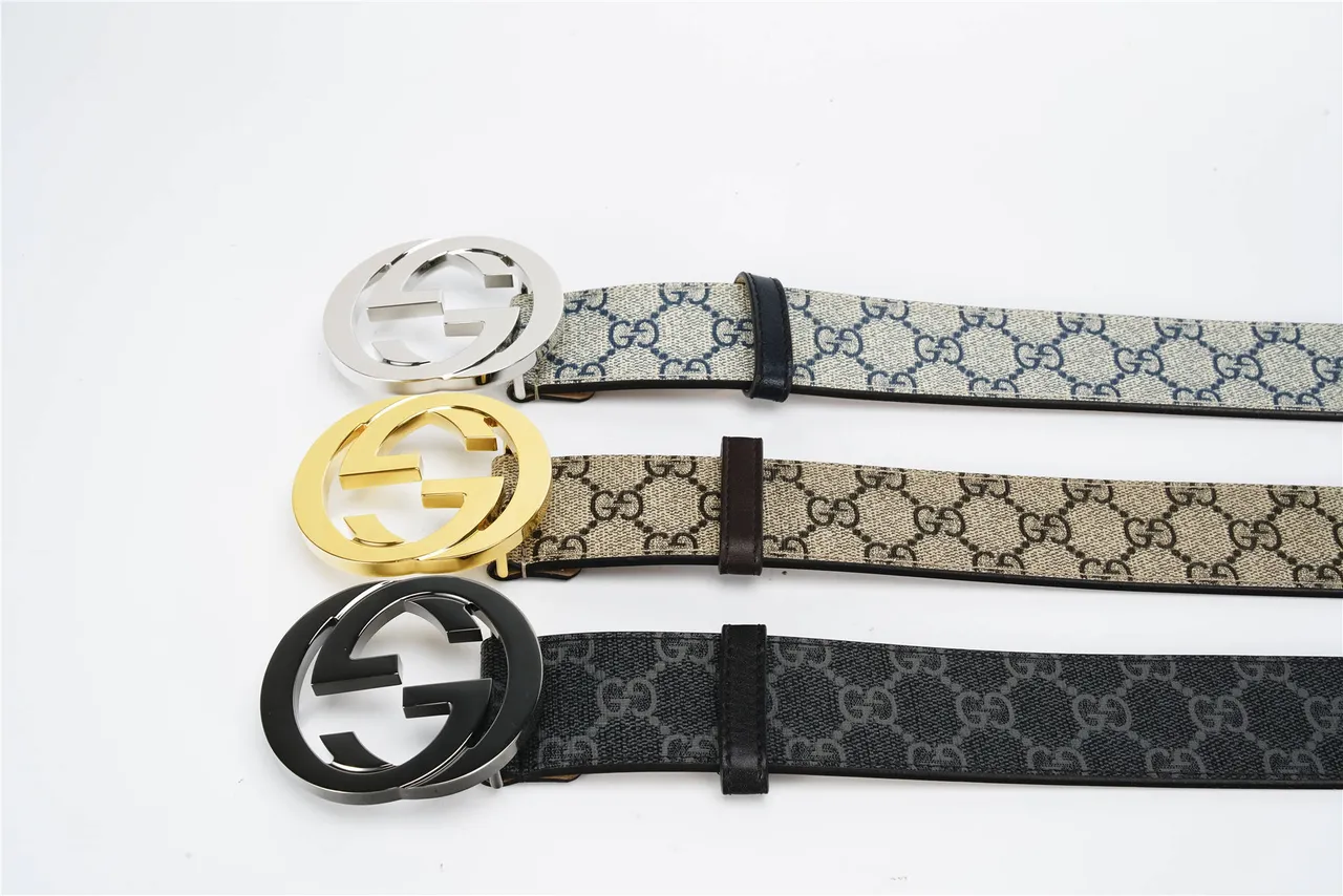 Gucci Interlocking G Belt Beige Navy GG Monogram Leather Belt 2