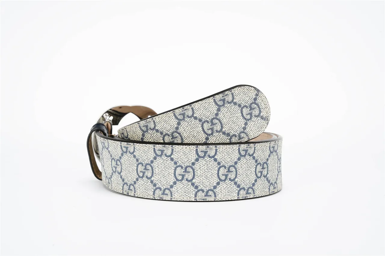Gucci Interlocking G Belt Beige Navy GG Monogram Leather Belt 3