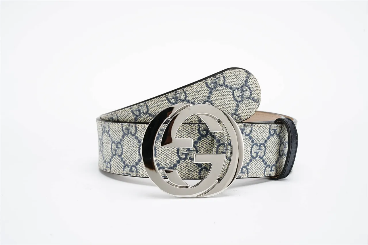 Gucci Interlocking G Belt Beige Navy GG Monogram Leather Belt 4