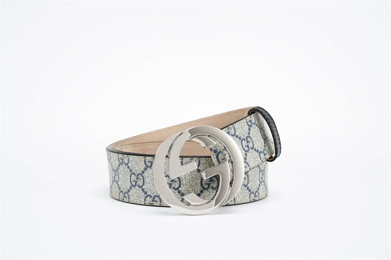 Gucci Interlocking G Belt Beige Navy GG Monogram Leather Belt 5