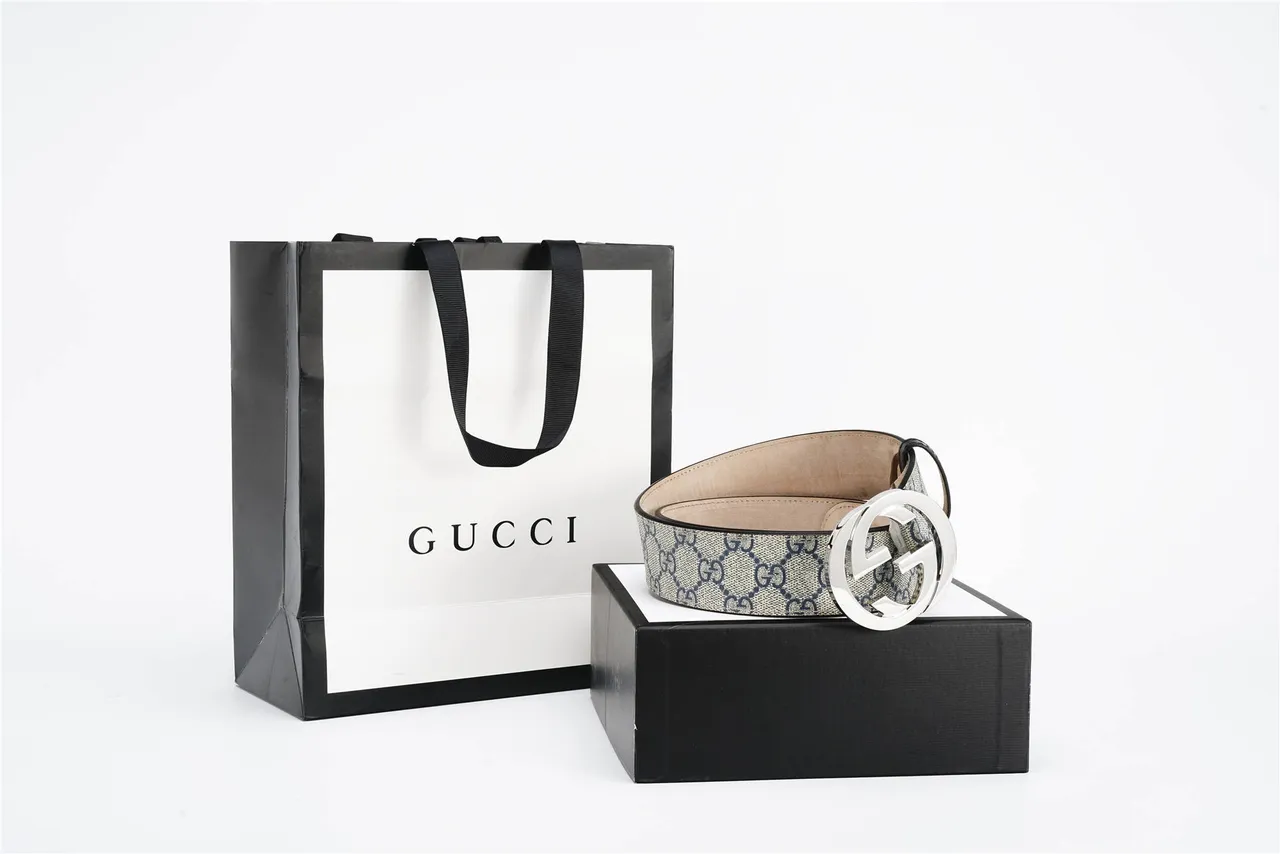 Gucci Interlocking G Belt Beige Navy GG Monogram Leather Belt 6