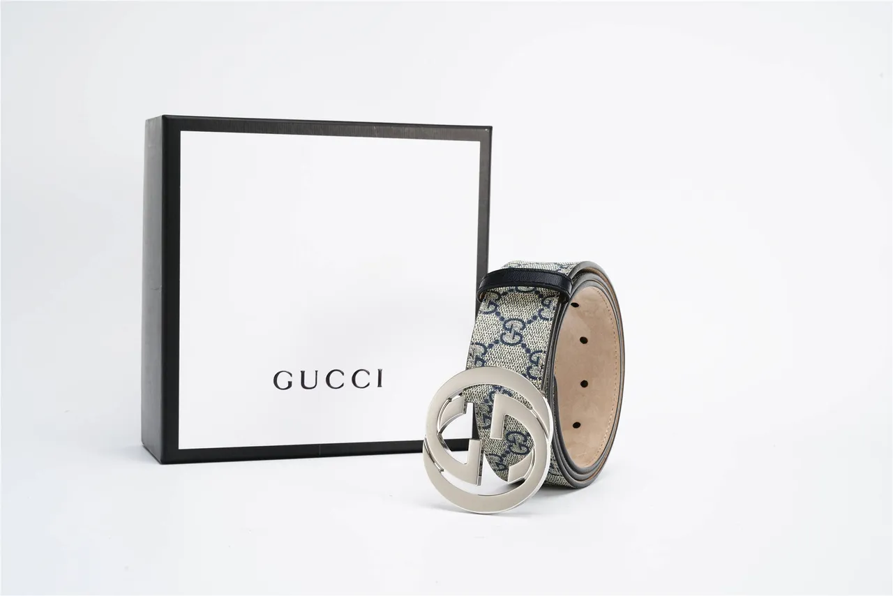 Gucci Interlocking G Belt Beige Navy GG Monogram Leather Belt 7