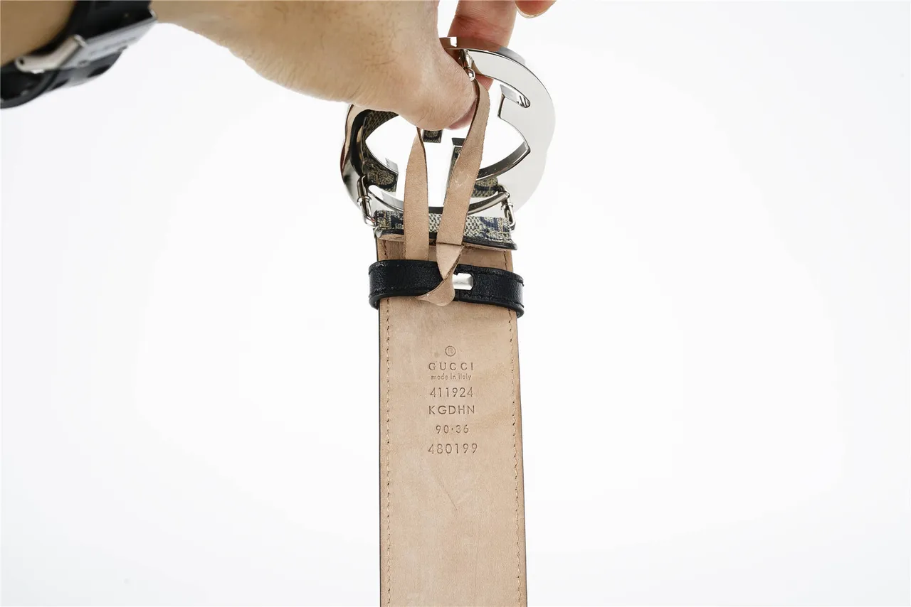 Gucci Interlocking G Belt Beige Navy GG Monogram Leather Belt 8
