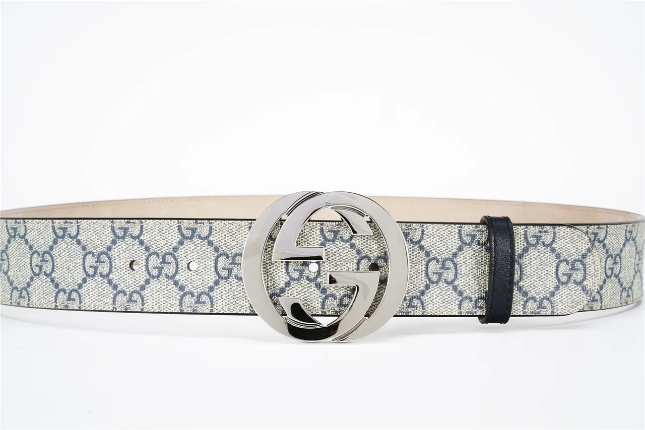 Gucci Interlocking G Belt Beige Navy GG Monogram Leather Belt 9