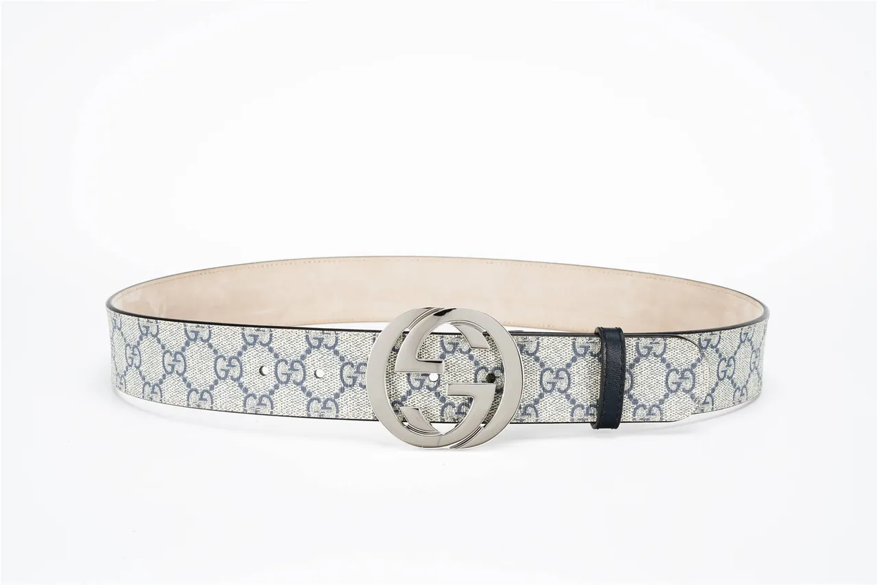 Gucci Interlocking G Belt Beige Navy GG Monogram Leather Belt 10