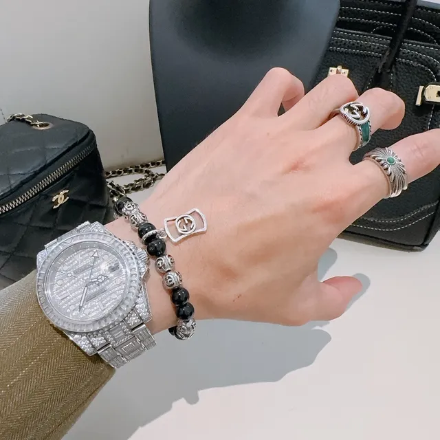 Gucci Interlocking G Black Silver Beaded Motif Bracelet 2