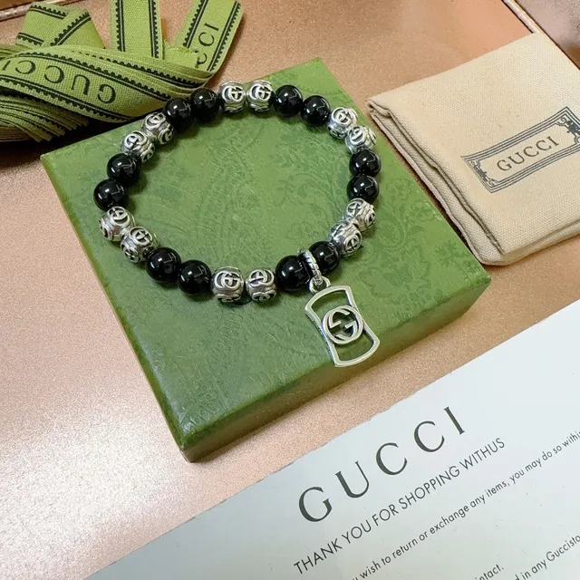 Gucci Interlocking G Black Silver Beaded Motif Bracelet 4