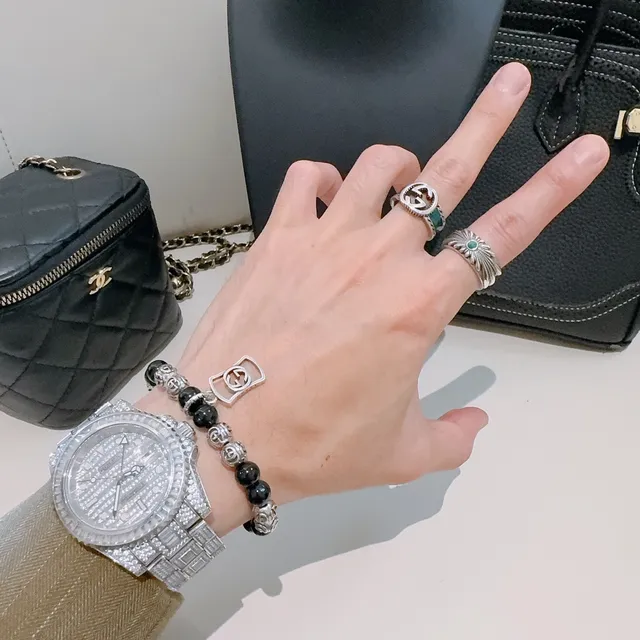 Gucci Interlocking G Black Silver Beaded Motif Bracelet 5
