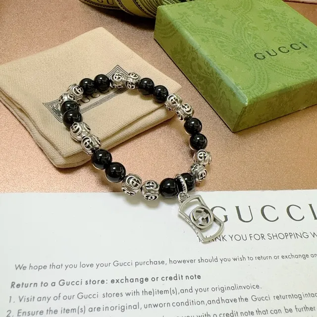 Gucci Interlocking G Black Silver Beaded Motif Bracelet 6