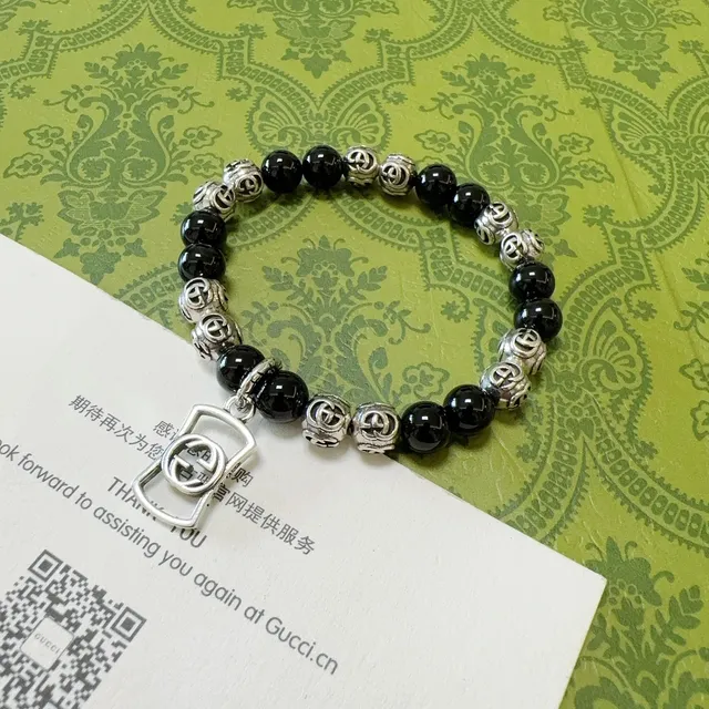 Gucci Interlocking G Black Silver Beaded Motif Bracelet 7
