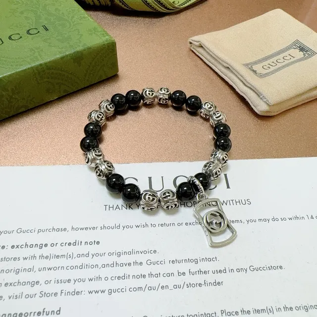 Gucci Interlocking G Black Silver Beaded Motif Bracelet 9