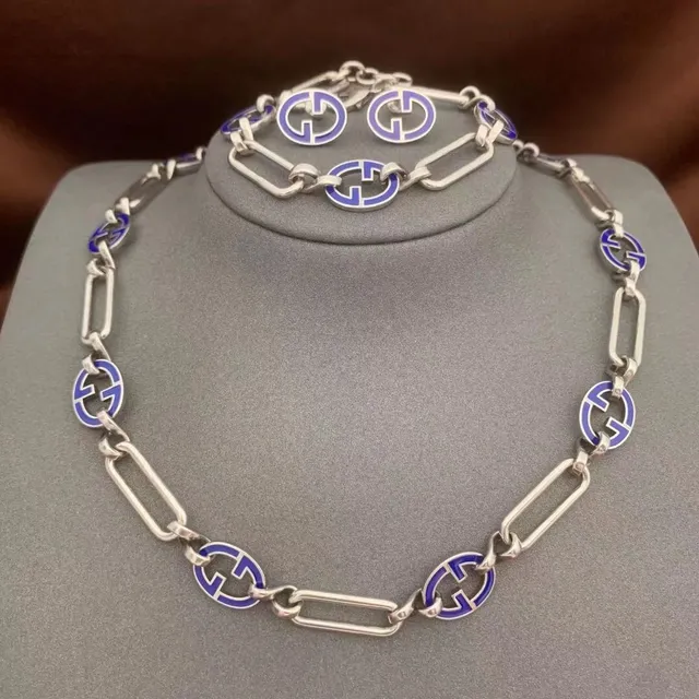 Gucci Interlocking G Blue Enamel Silver-Tone Link Necklace 3
