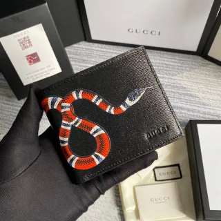 Gucci Kingsnake Print Black Saffiano Leather Short Wallet