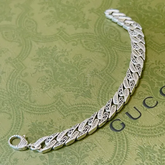 Gucci Link to Love Bracelete Corrente Prata Larga Gravada com Branding 6