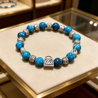 Gucci Lock Blue Silver Beaded Metal Charms Bracelet