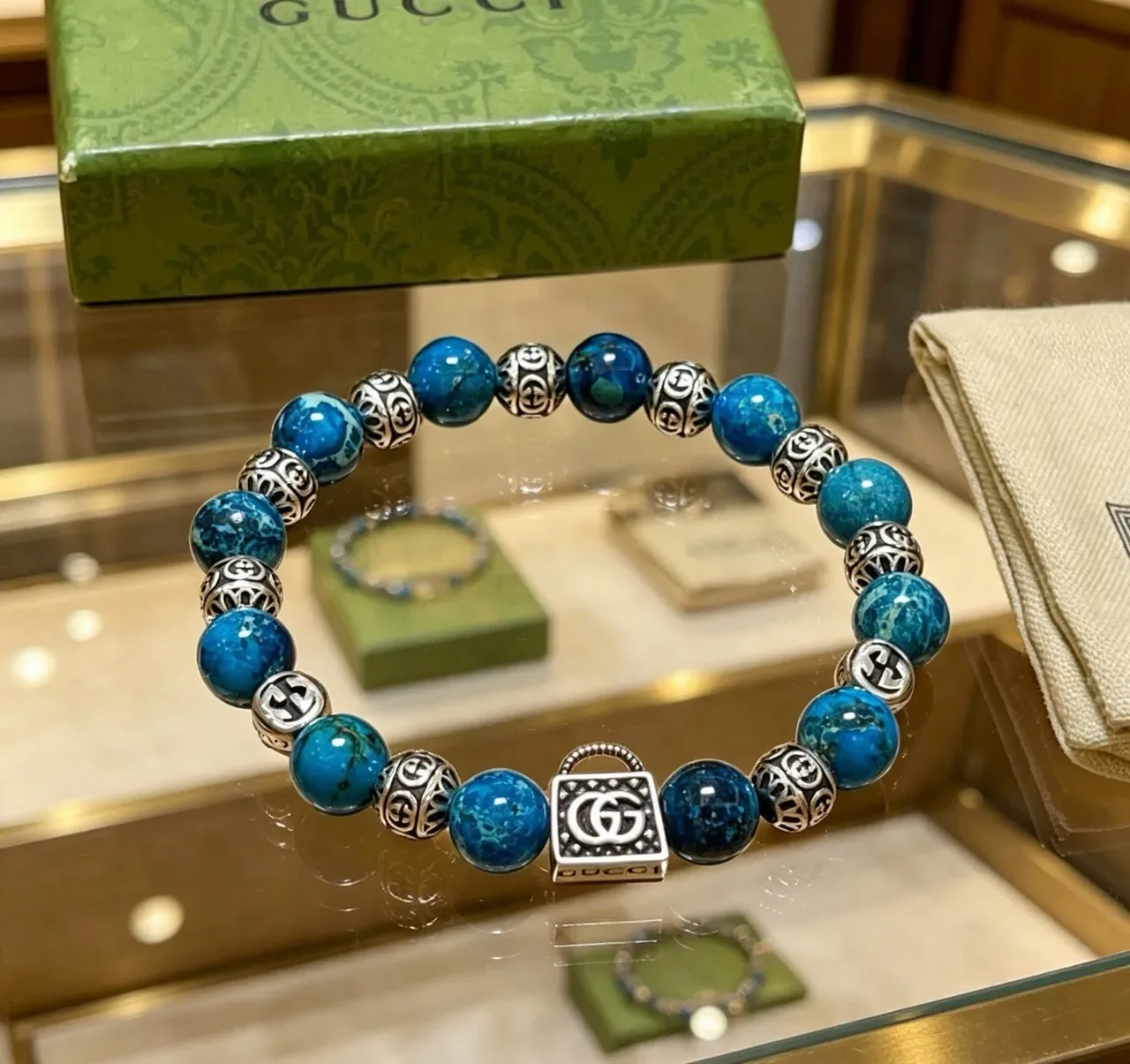 Gucci Lock Blue Silver Beaded Metal Charms Bracelet 2