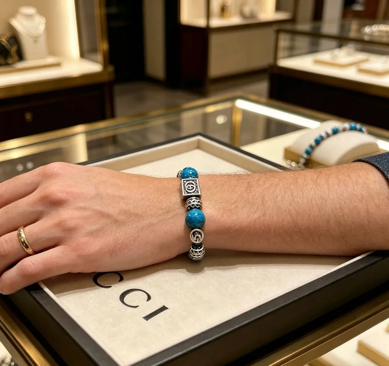 Gucci Lock Blue Silver Beaded Metal Charms Bracelet 3