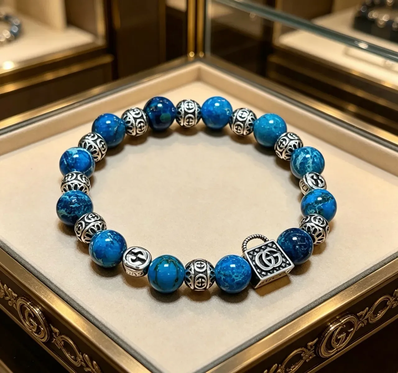 Gucci Lock Blue Silver Beaded Metal Charms Bracelet 4