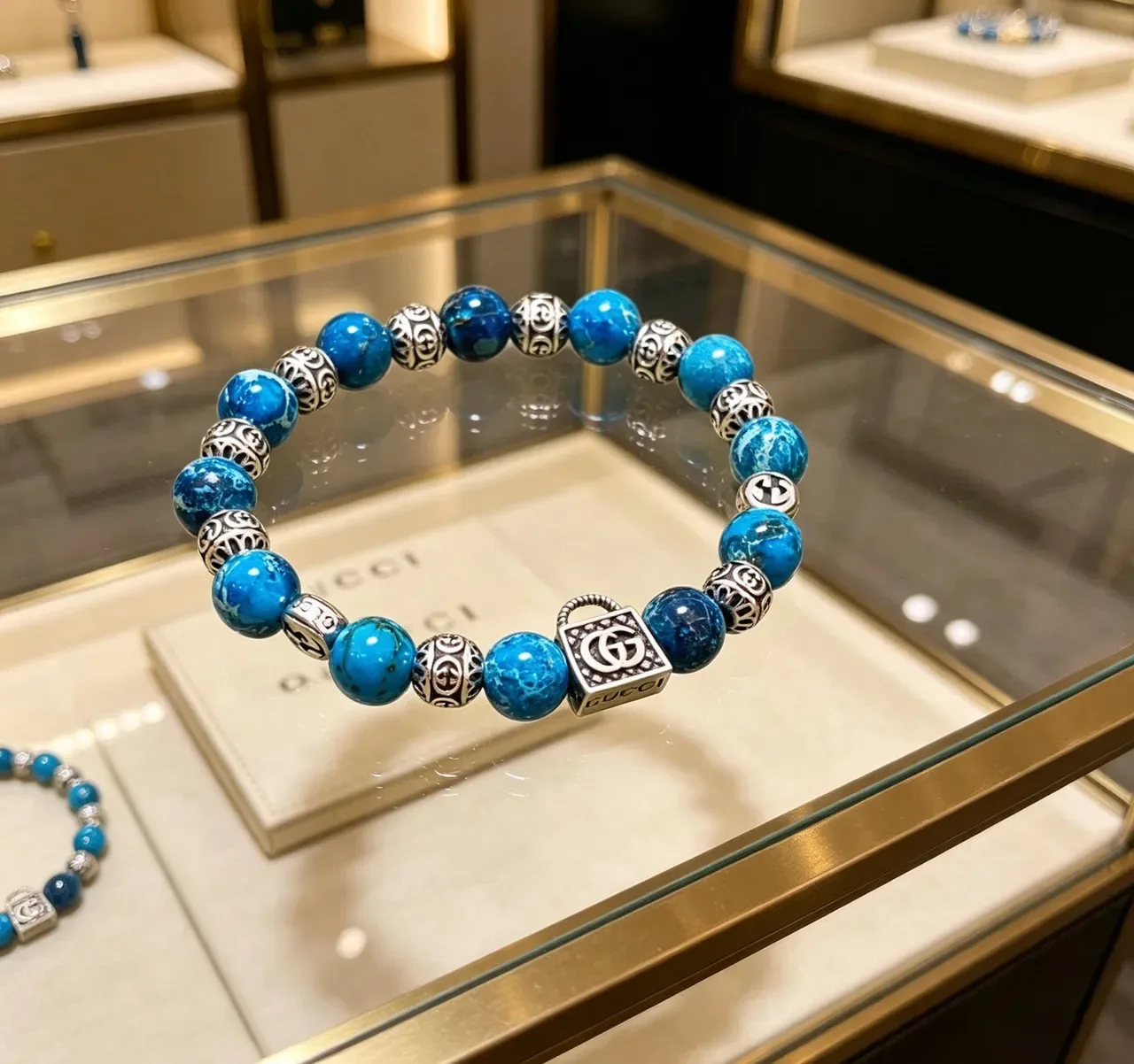 Gucci Lock Blue Silver Beaded Metal Charms Bracelet 6