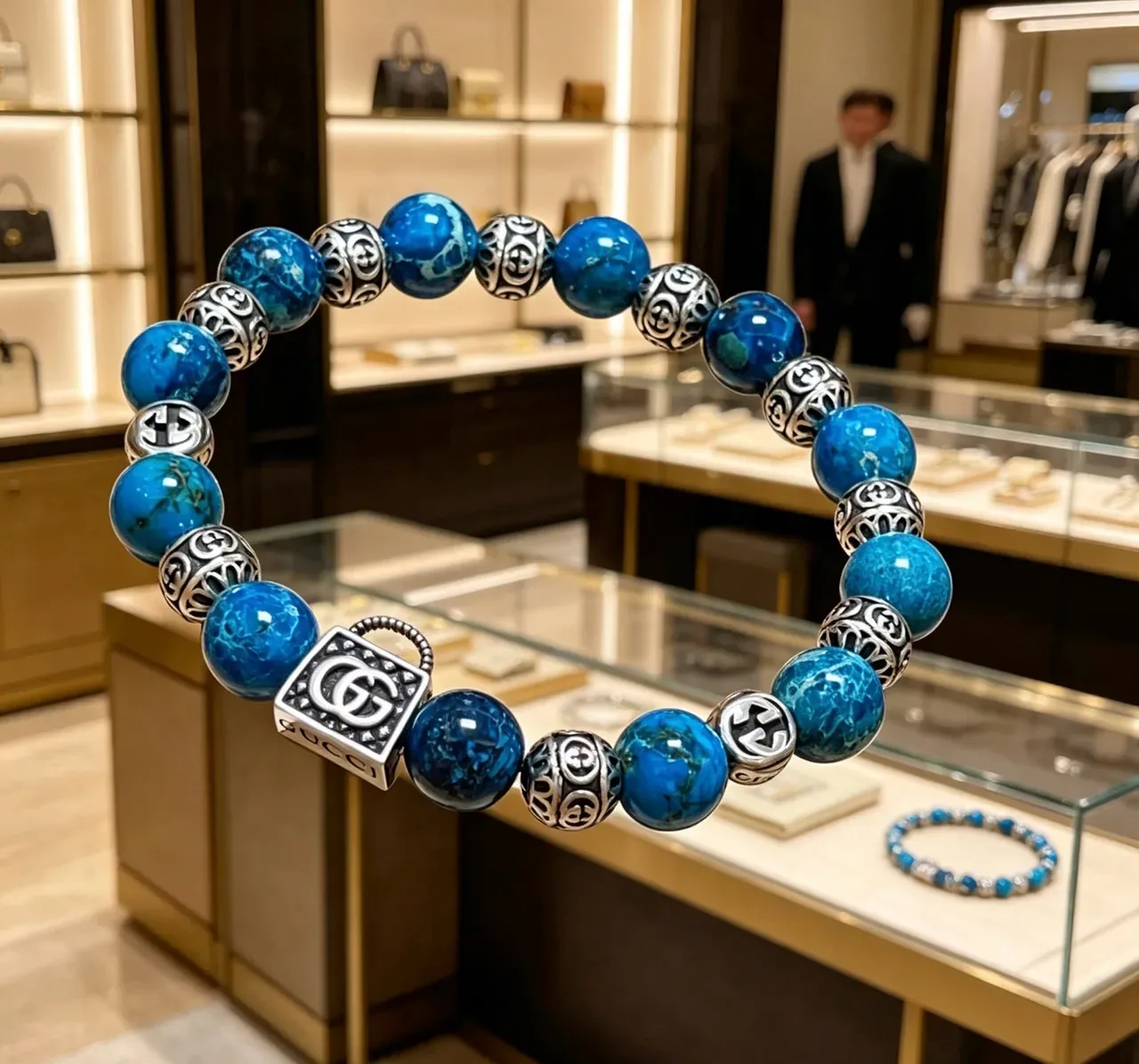Gucci Lock Blue Silver Beaded Metal Charms Bracelet 7