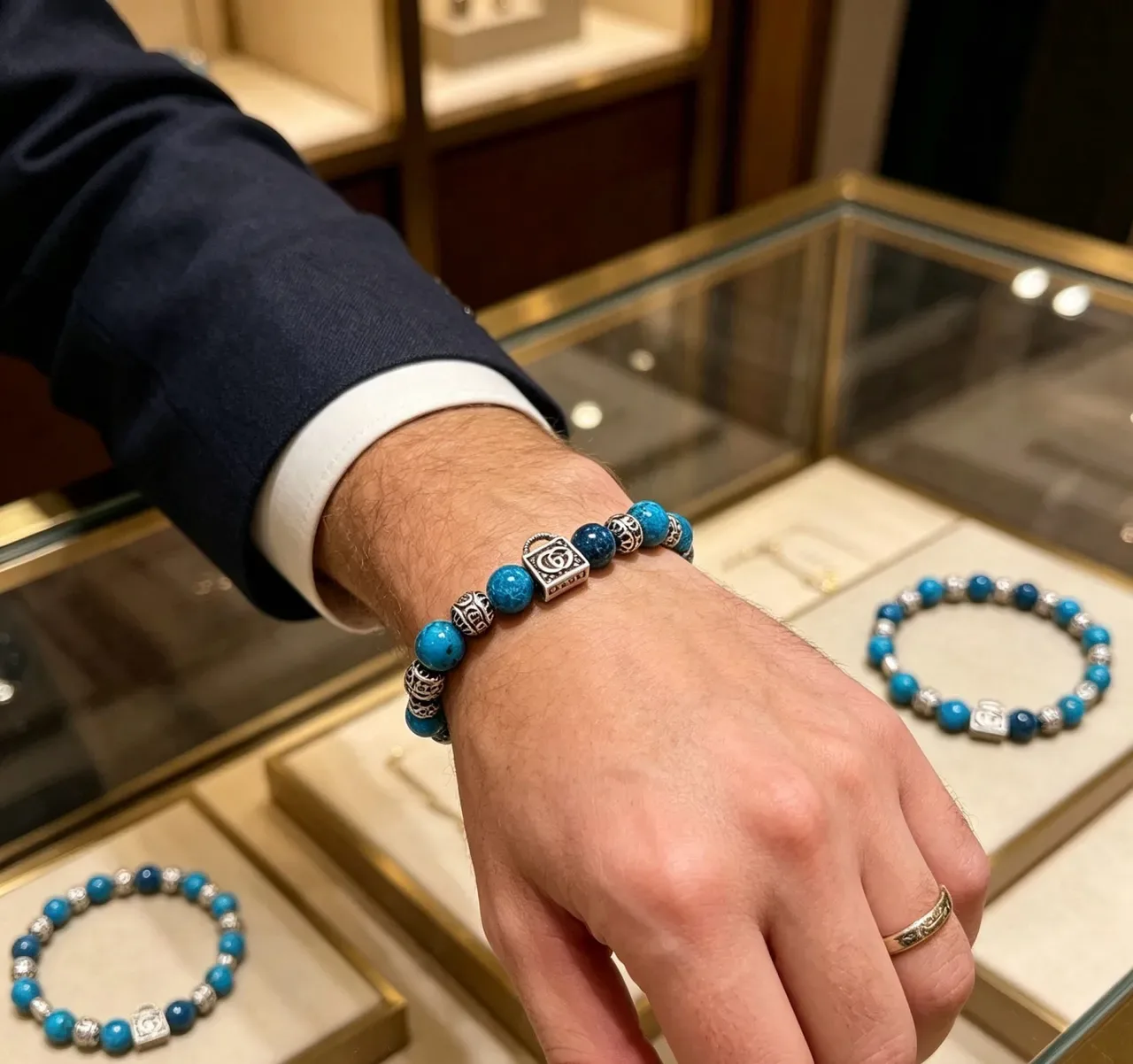 Gucci Lock Blue Silver Beaded Metal Charms Bracelet 8