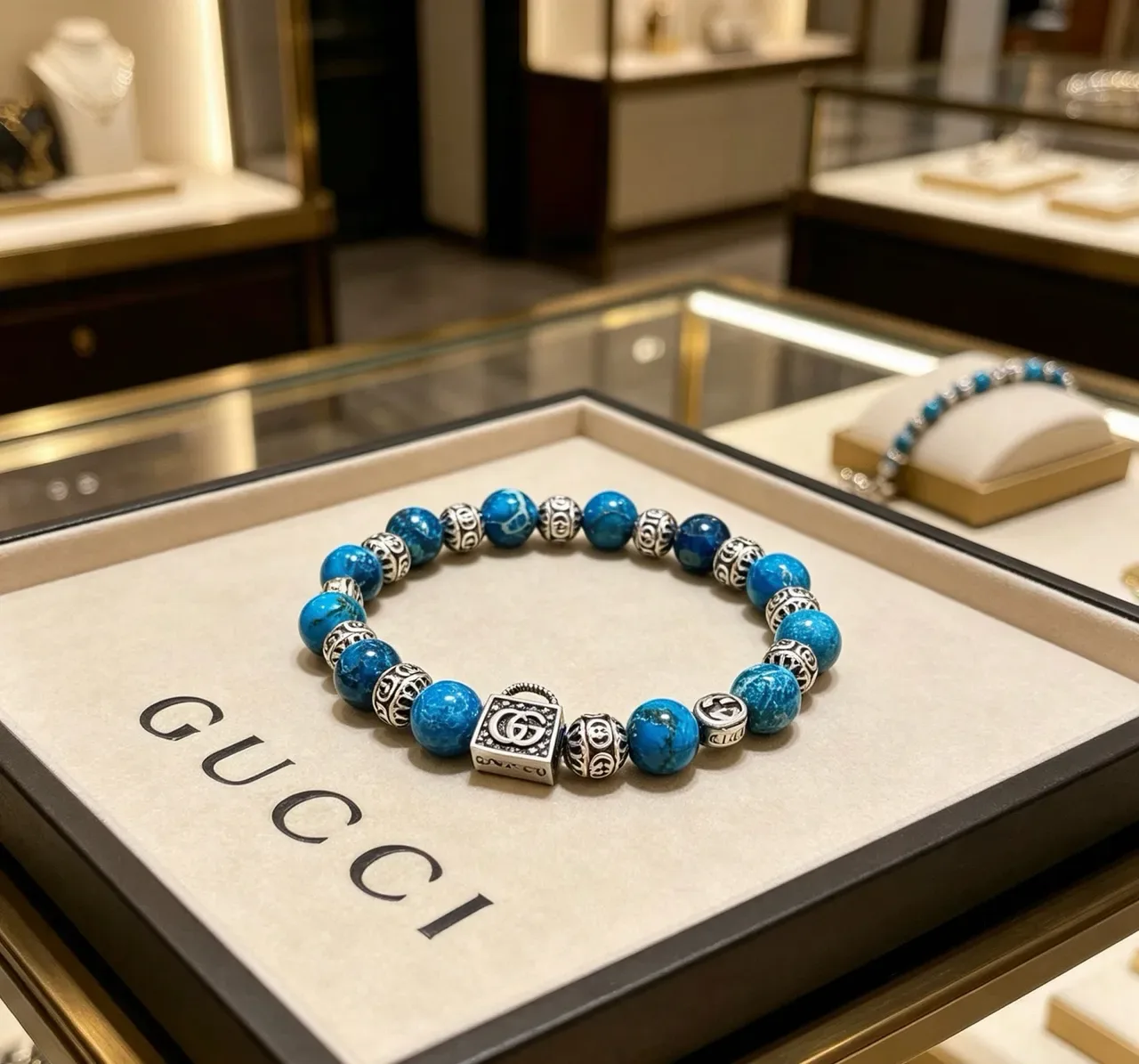 Gucci Lock Blue Silver Beaded Metal Charms Bracelet 9