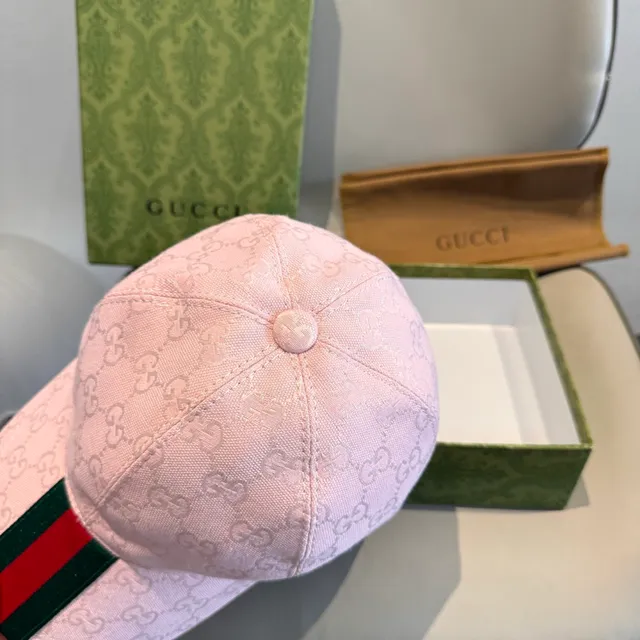 Gucci Monogram Jacquard Pink Web Stripe Baseball Cap 7