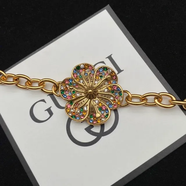 Gucci Pulseira Corrente Flor Cristal Multicor Dourado 1