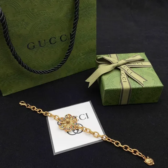 Gucci Pulseira Corrente Flor Cristal Multicor Dourado 3