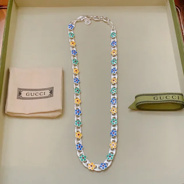 Gucci Multicolor Silver Enamel Floral Links Chain Necklace 1