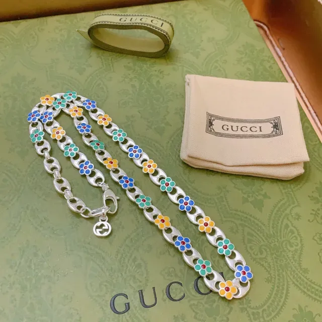 Gucci Multicolor Silver Enamel Floral Links Chain Necklace 2