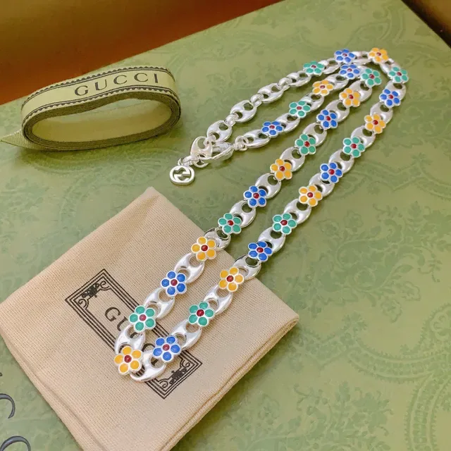 Gucci Multicolor Silver Enamel Floral Links Chain Necklace 3