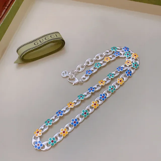 Gucci Multicolor Silver Enamel Floral Links Chain Necklace 6