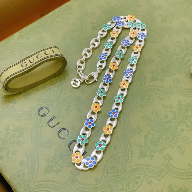 Gucci Multicolor Silver Enamel Floral Links Chain Necklace 8