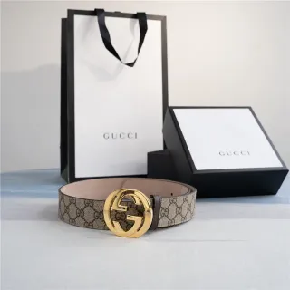 Gucci Ophidia Beige Gold GG Monogram Canvas Interlocking G Buckle Leather Belt