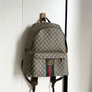 Gucci Ophidia Beige Green GG Monogram Canvas Web Stripe Accent Casual Backpack 2