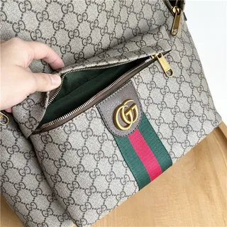 Gucci Ophidia Beige Green GG Monogram Canvas Web Stripe Accent Casual Backpack 3
