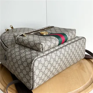 Gucci Ophidia Beige Green GG Monogram Canvas Web Stripe Accent Casual Backpack 6