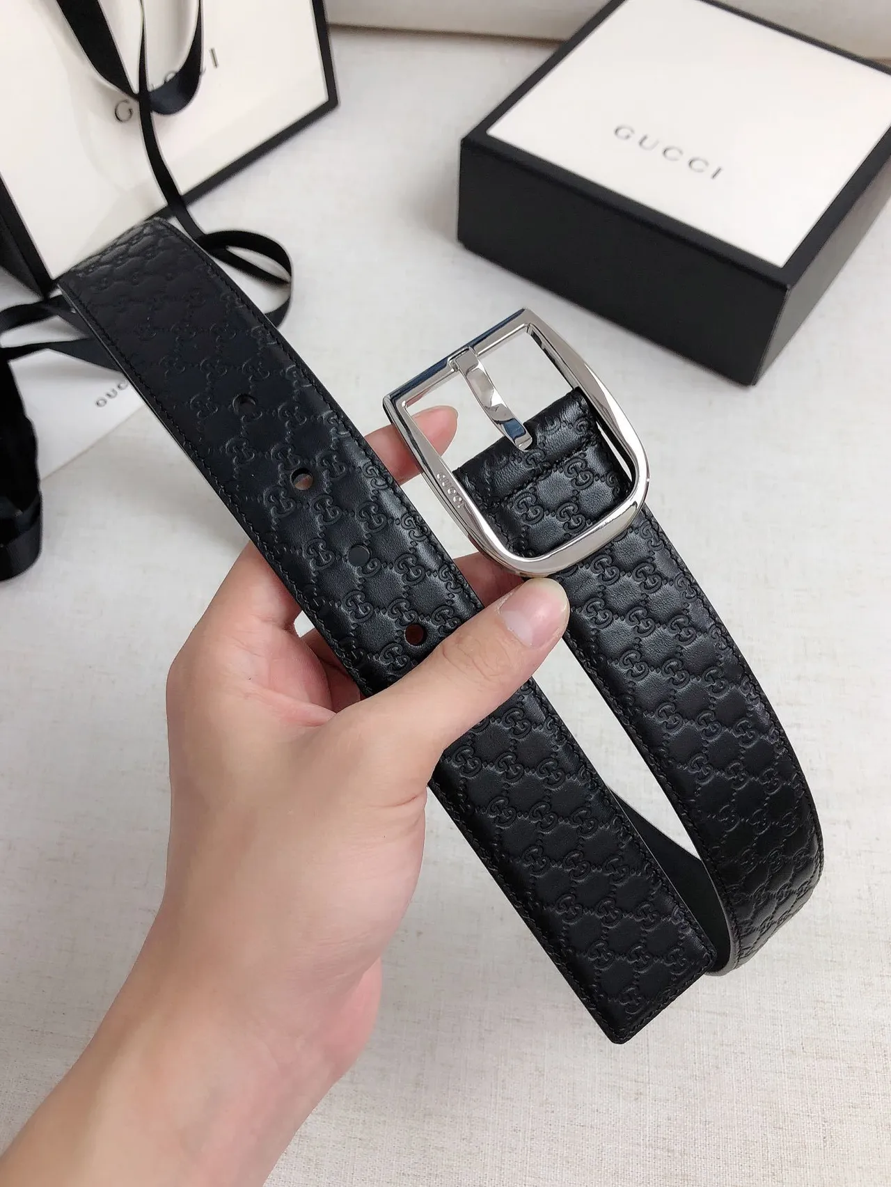 Gucci Ophidia Black Embossed GG Monogram Leather Belt 5